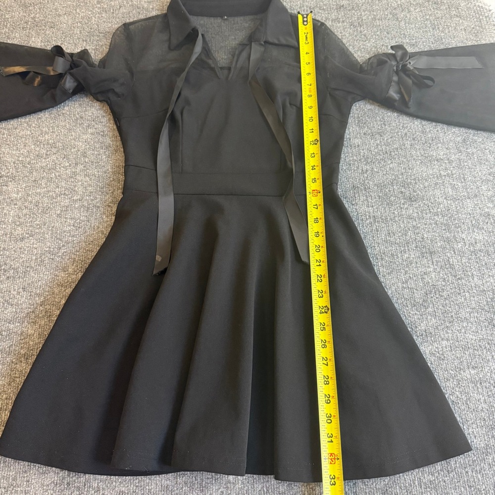 Black Mesh Sheer Bell Sleeve Gothic Dress Satin Ribbon Tie Bows Mini Size Large - Picture 10 of 10